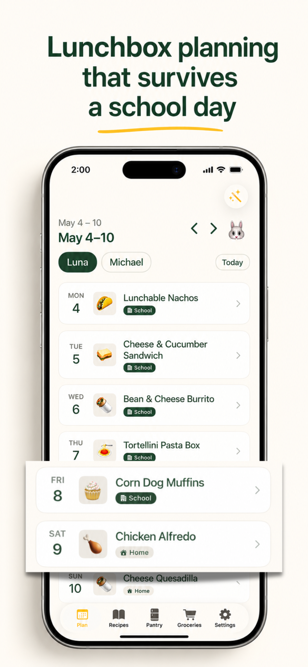 Nibbles app weekly school lunch plan screen