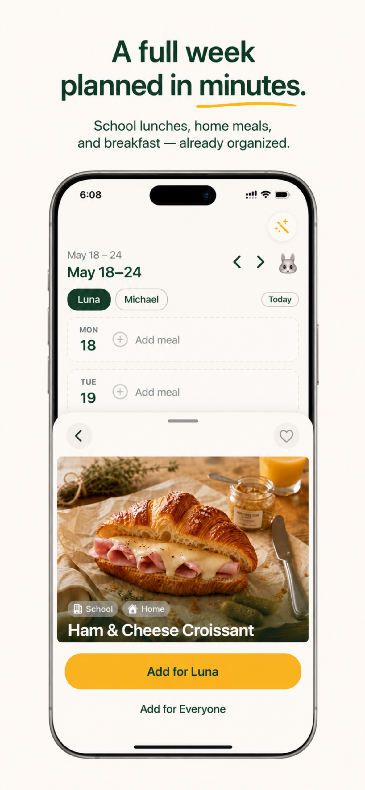 Nibbles app lunchbox planning screen