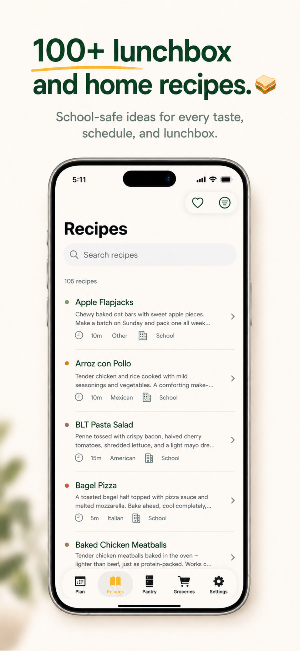 Nibbles app recipe library screen